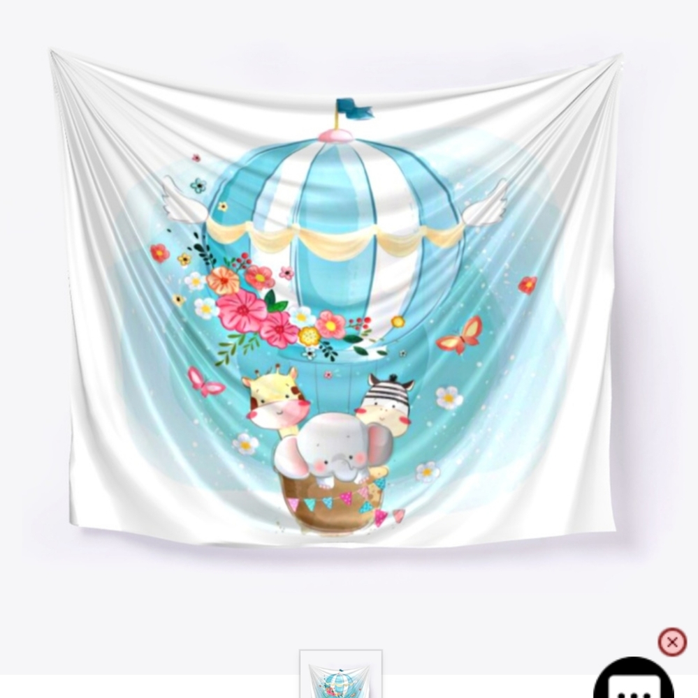 Elephant zebra and giraffe in hot air balloon tapestry